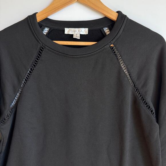 Shilla Lace Trim Sweatshirt Pullover Crew Women Small Black Casual Boho Cozy - Picture 2 of 15